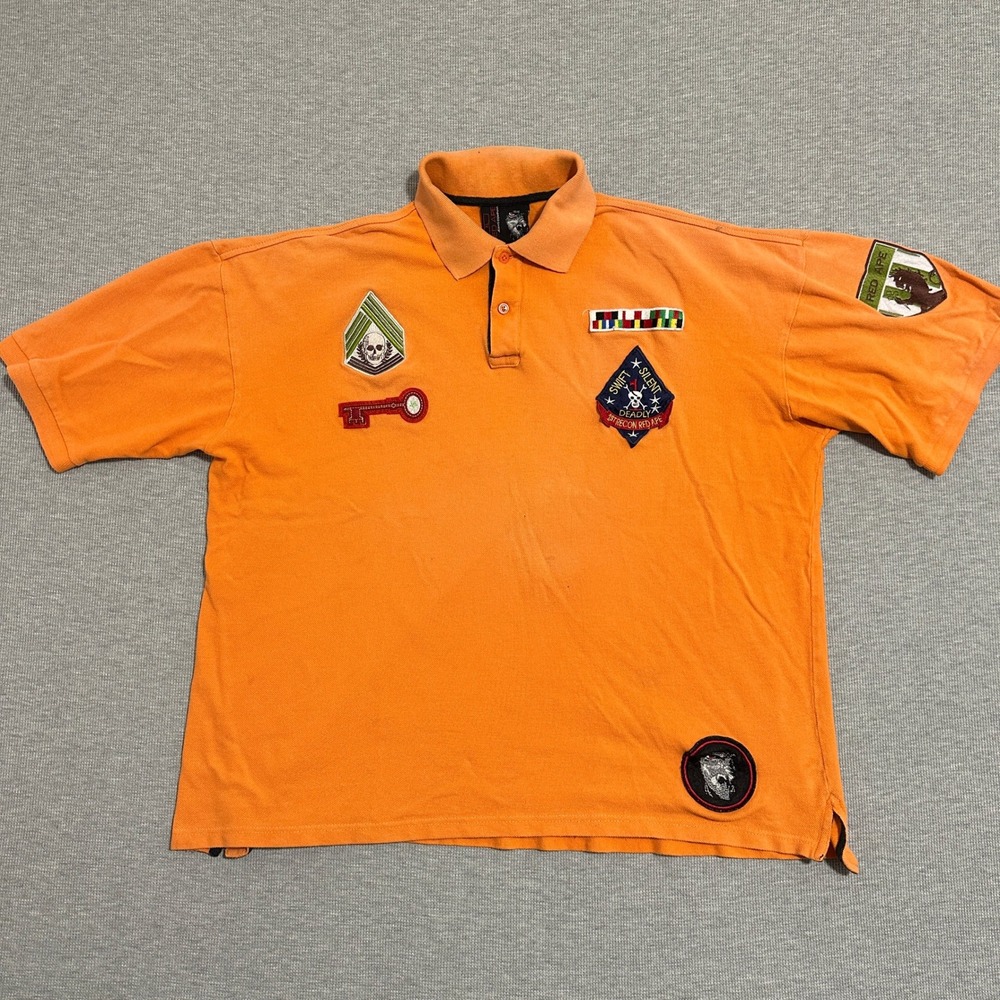 Red Ape Jeans Military Patch Polo‎ Skull Swift Silent Deadly Orange Y2K X-Large